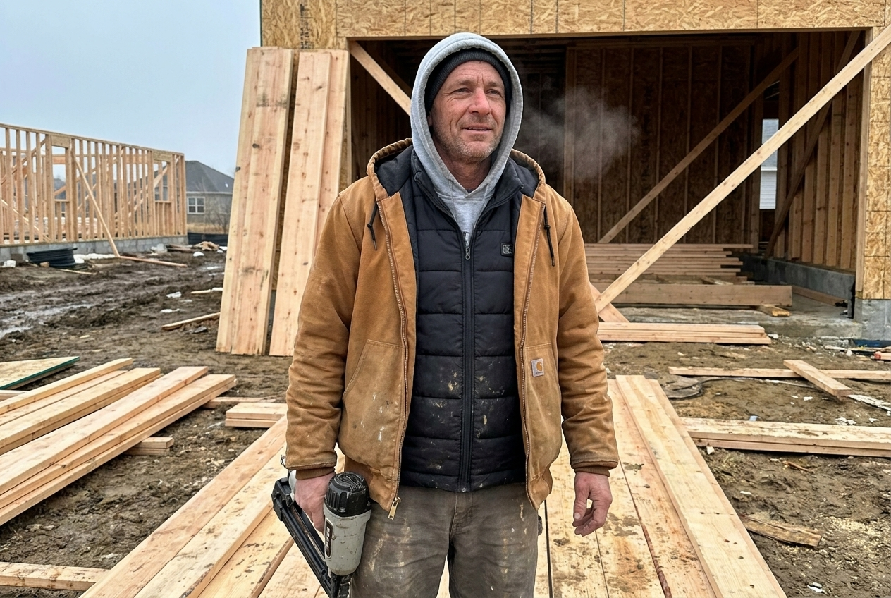 Framing contractor wearing a heated vest under a work jacket on a cold job site
