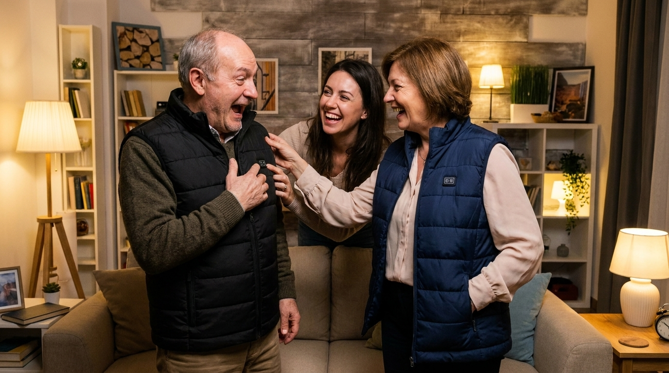 Elderly man pressing the control button on his navy heated vest in his living room, smiling