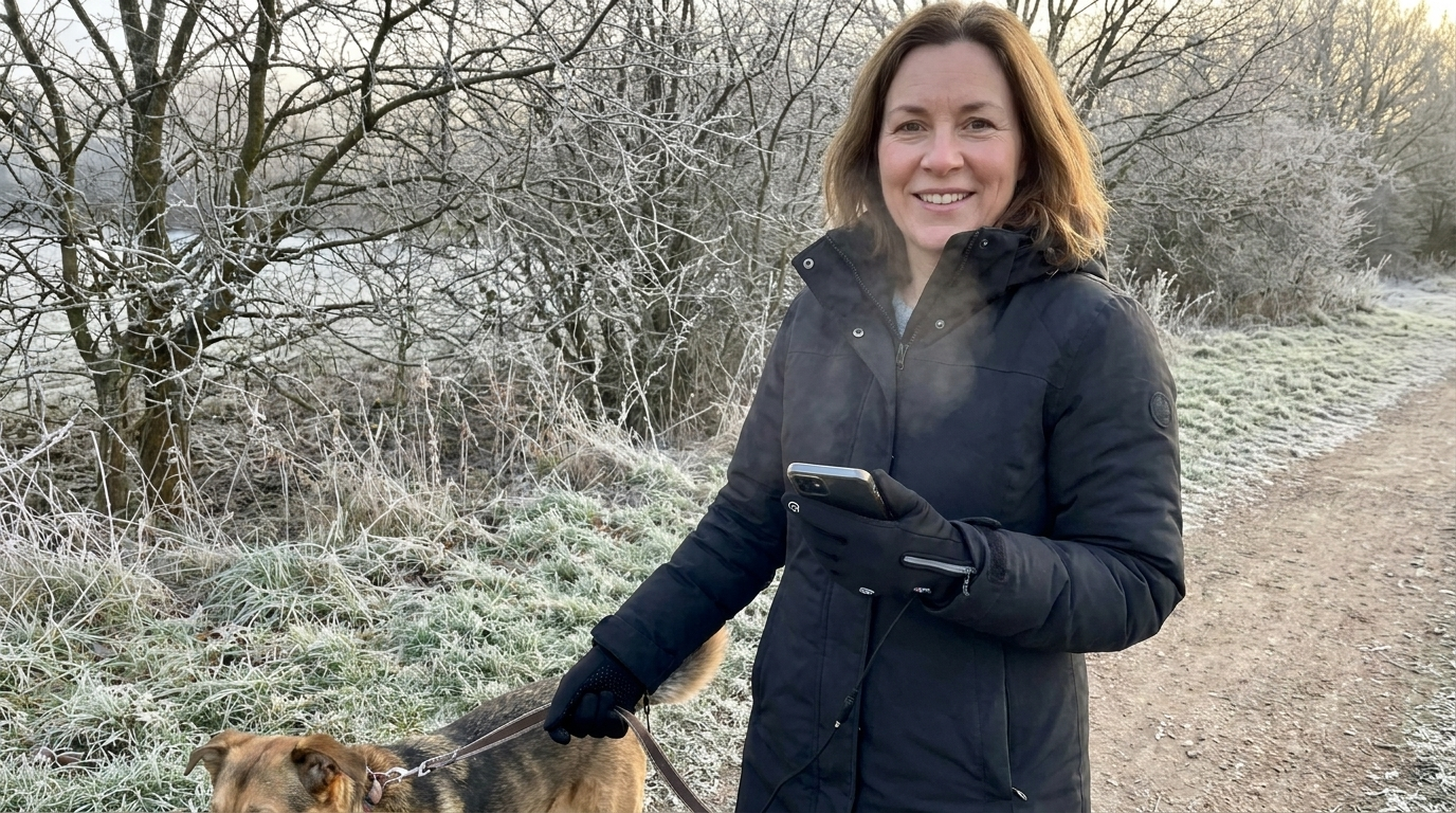 Frau beim winterlichen Hundespaziergang mit dünnen beheizten Handschuhen