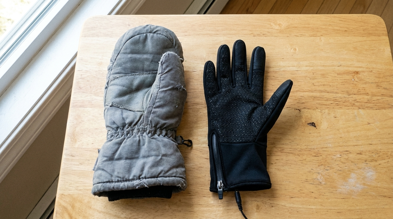 Klobiger Fäustling neben dünnem beheizbaren Handschuh auf Holztisch