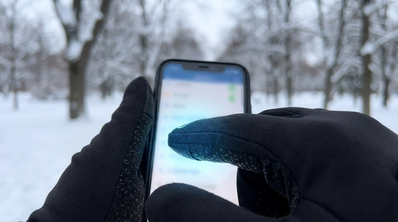 Smartphone mit beheizten Handschuhen im Schnee bedienen