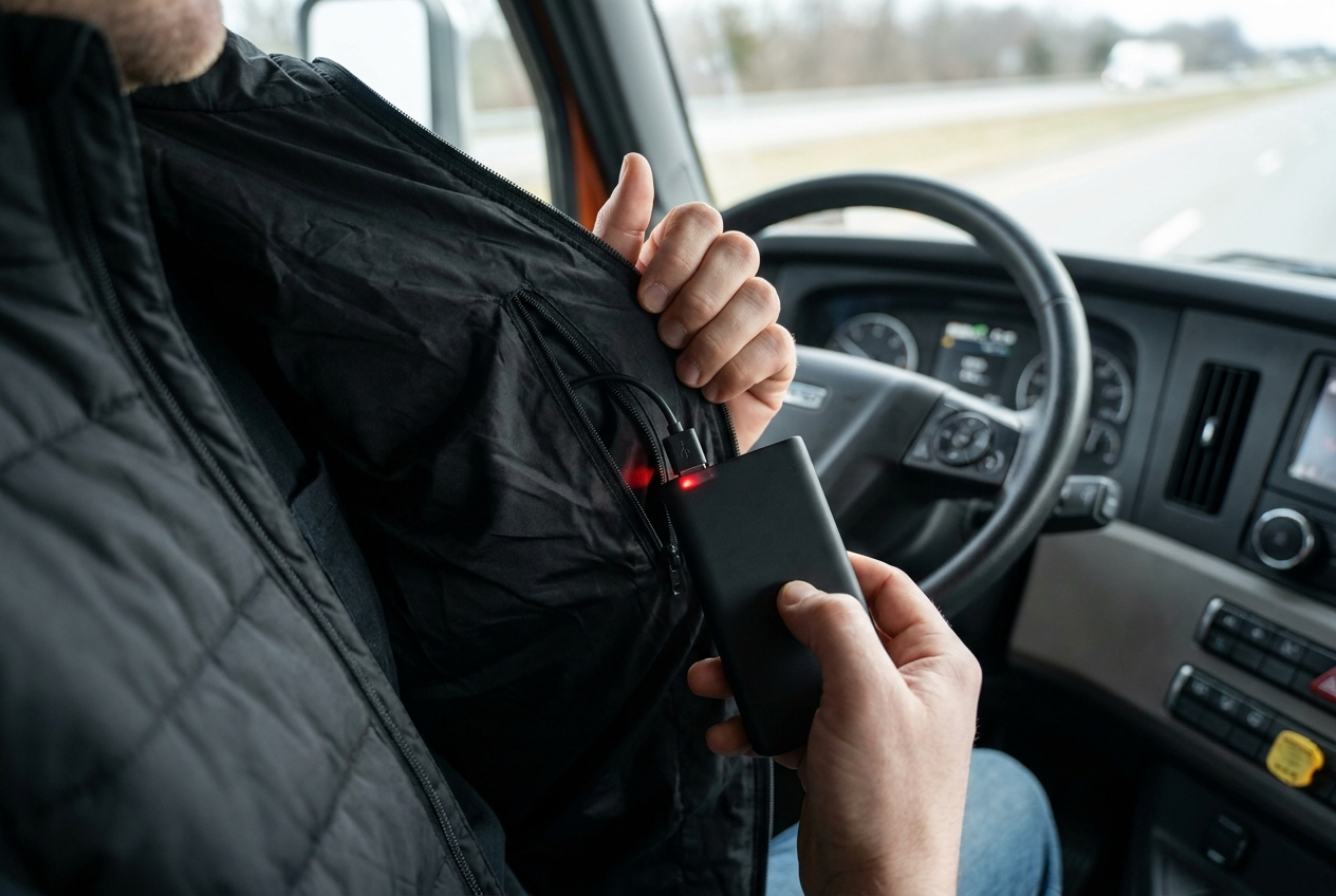 Slim heated vest worn under a canvas work jacket