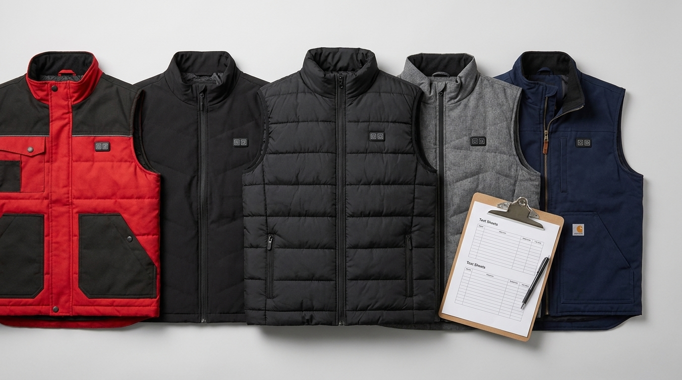 The five heated vests tested, lined up side by side